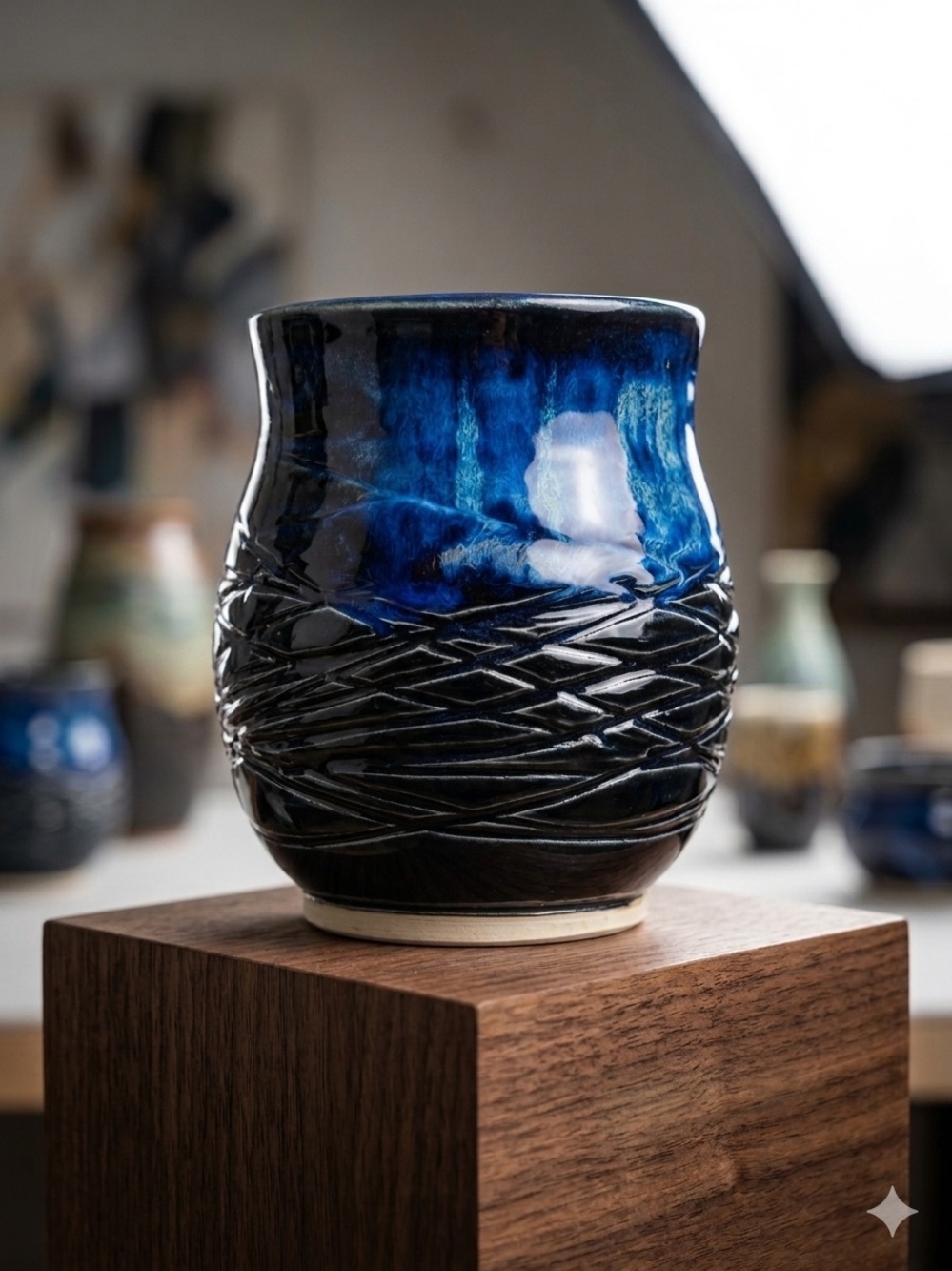 Handcrafted Deep Blue pottery Vase signed by artist.